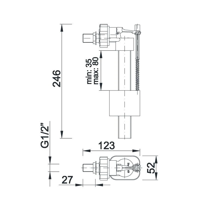 Mecanism pentru alimentare laterala a rezervorului D. 1/2" cupru STY-712-R   STYRON 2