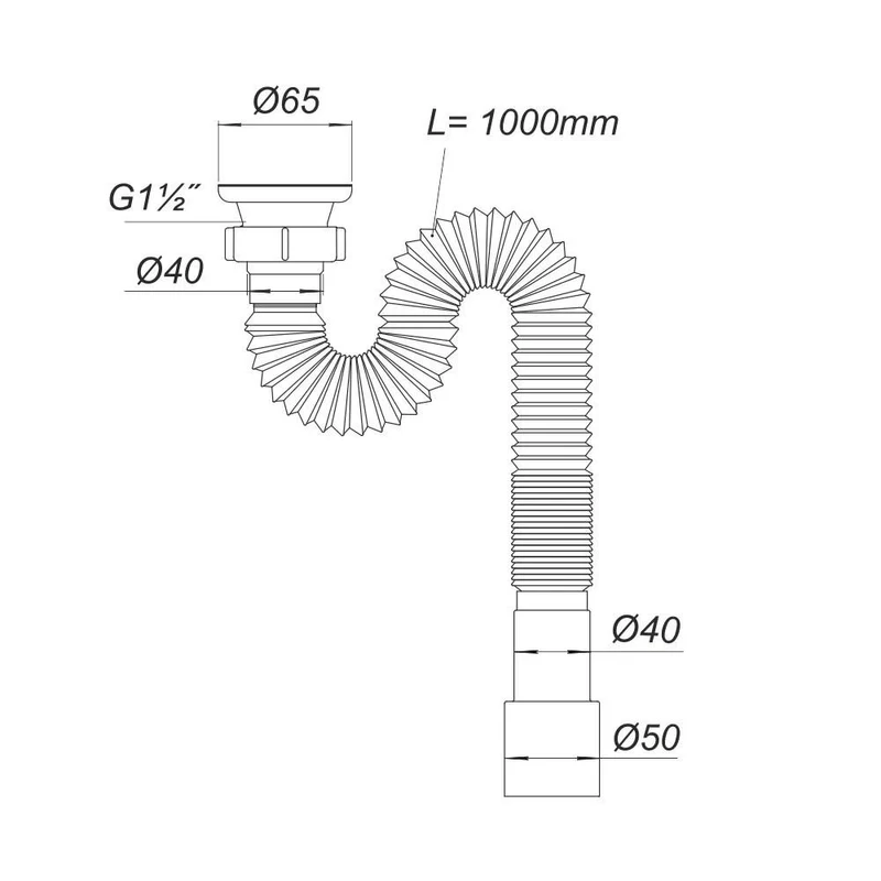 Sifon lavoar gofrat D. 1.1/2" x 50 ventil inox 65, L=1200 mm Г0106  SOLOPLAST 2