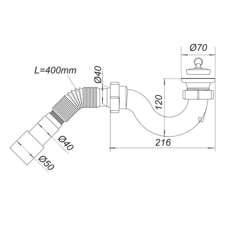 Сифон для душевого поддона D. 1.1/2" x 40 "S"-тип, решетка из нержавеющей стали, с гибкой трубой 50 L=400 мм, с пробкой Д0110  SOLOPLAST 2
