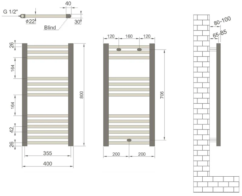 Uscator de prosoape  400 x 800 mm Flat (negru mat) Haiti  RADIVA 3