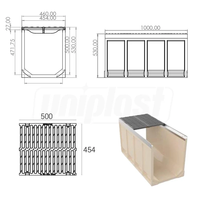 Gratar fonta canalizare cu rigola fibrobeton L=1000 mm H=530 mm B=454 mm EN124 D400 TR 4