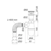 Sifon lavoar tip "butelie" Click-Clack D. 1.1/4" x 32/40/50 cu furtun, L max=600 mm Т0516  SOLOPLAST 2