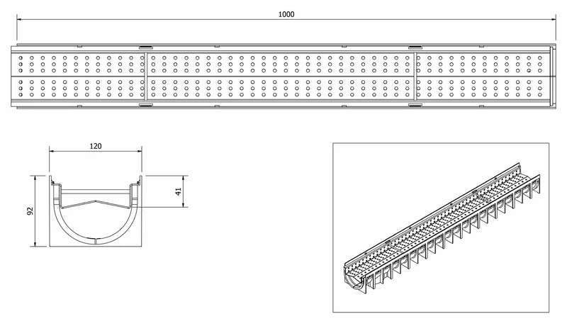Решетка канализационная с лотком A15 HDPE для камней 4STONE 100x70x1000 мм EN1433 (D.110)  MUFLESYSTEM 4