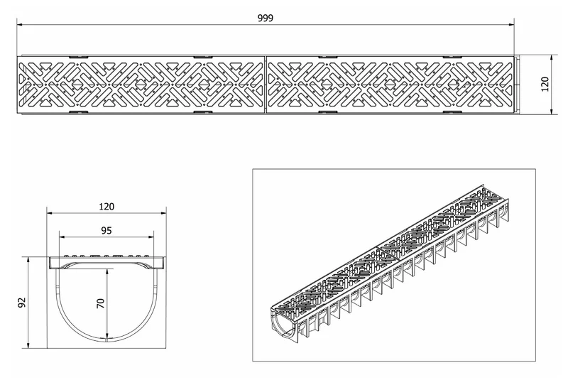 Rigola canalizare PP cu grila din fonta B125 1000x70x100 mm Brooklyn  MUFLESYSTEM 4