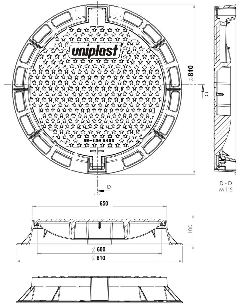Capac din fonta D.600 EN-124 D400 55 kg (650x810x100 mm) 2