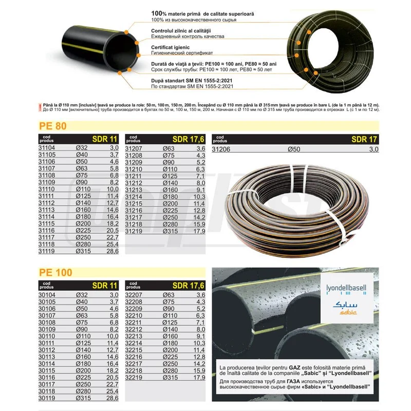 Труба D.200/SDR17.6 x 11.4 PE80 SM EN 1555-2:2021 GAZ 3