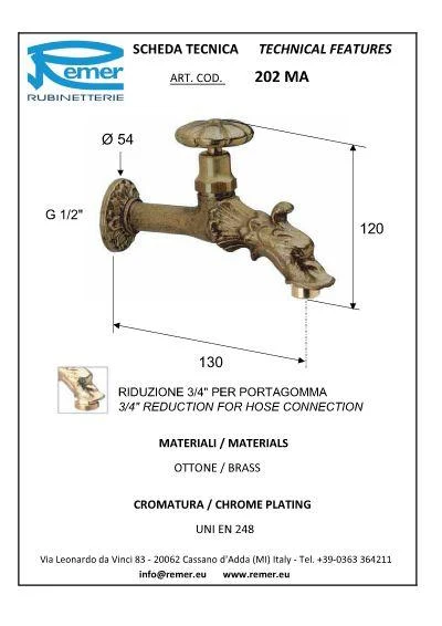 Кран вентильный водоразборный D. 1/2" декоративный садовый Art. 202MA  REMER 2