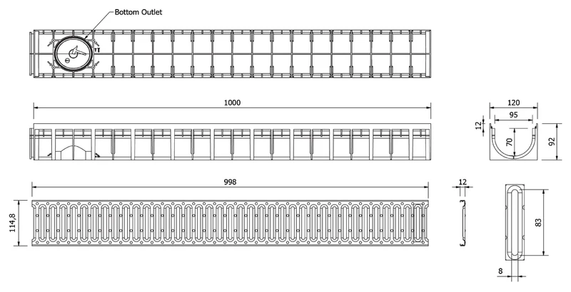 Решетка канализационная с лотком A15 HDPE 4ALL H70 100x70x1000 мм EN1433 (D.110)  MUFLESYSTEM 4